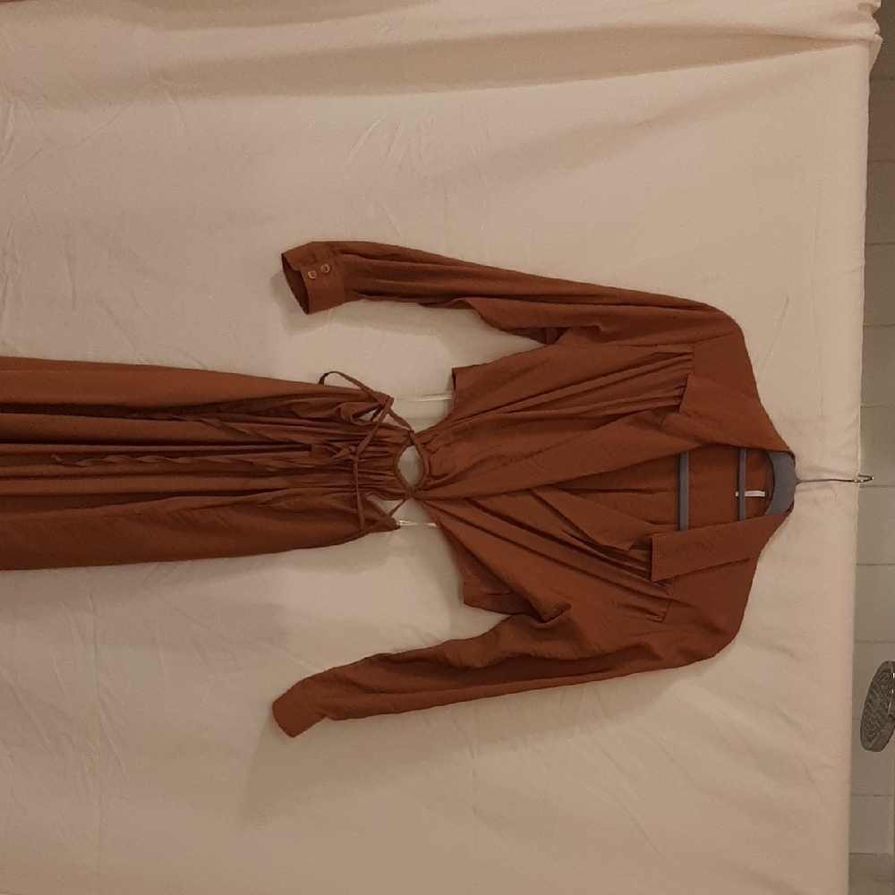 Brown Long-Sleeve Dress with Tie Waist